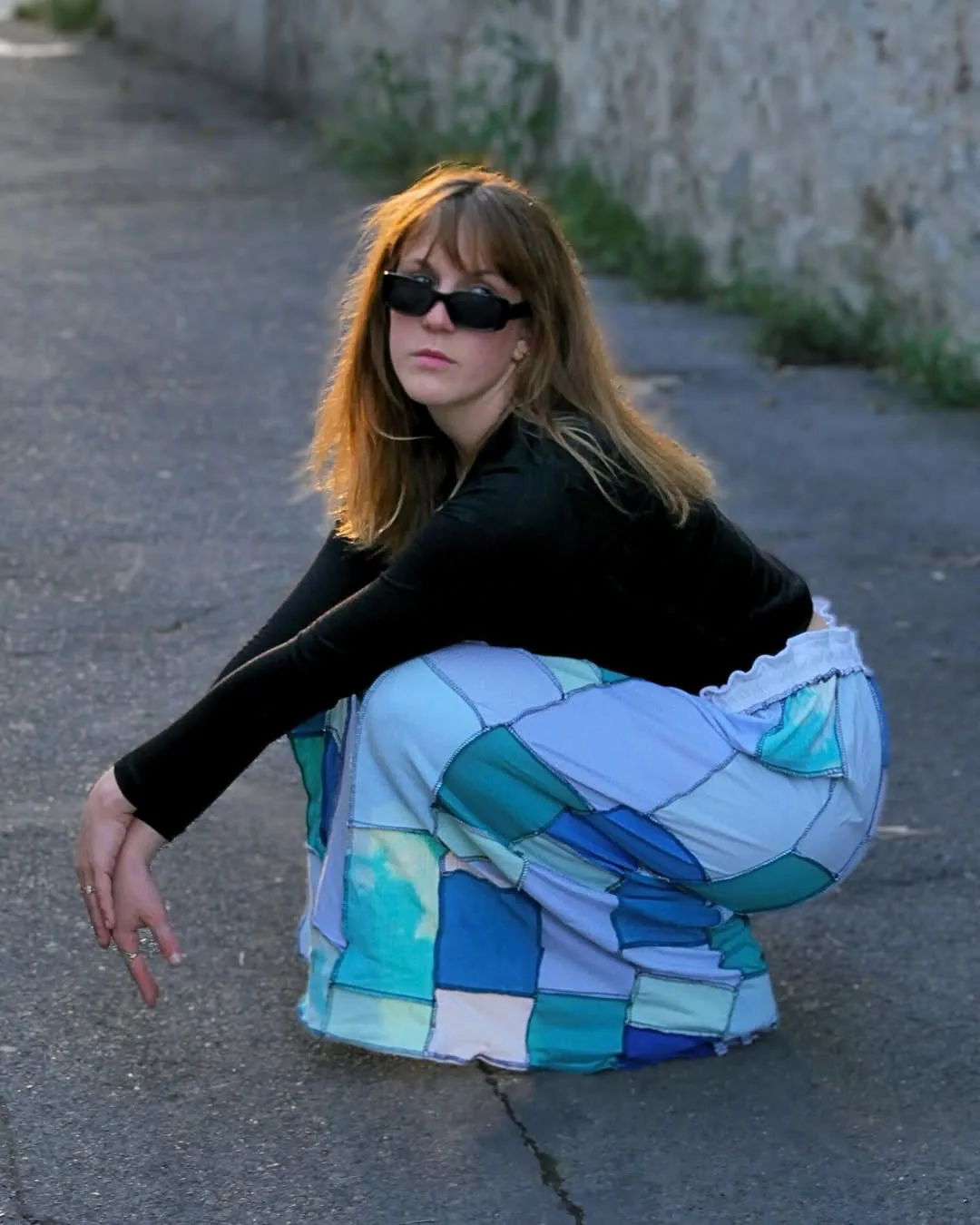 Jupe patchwork longue en chutes de jersey bleu