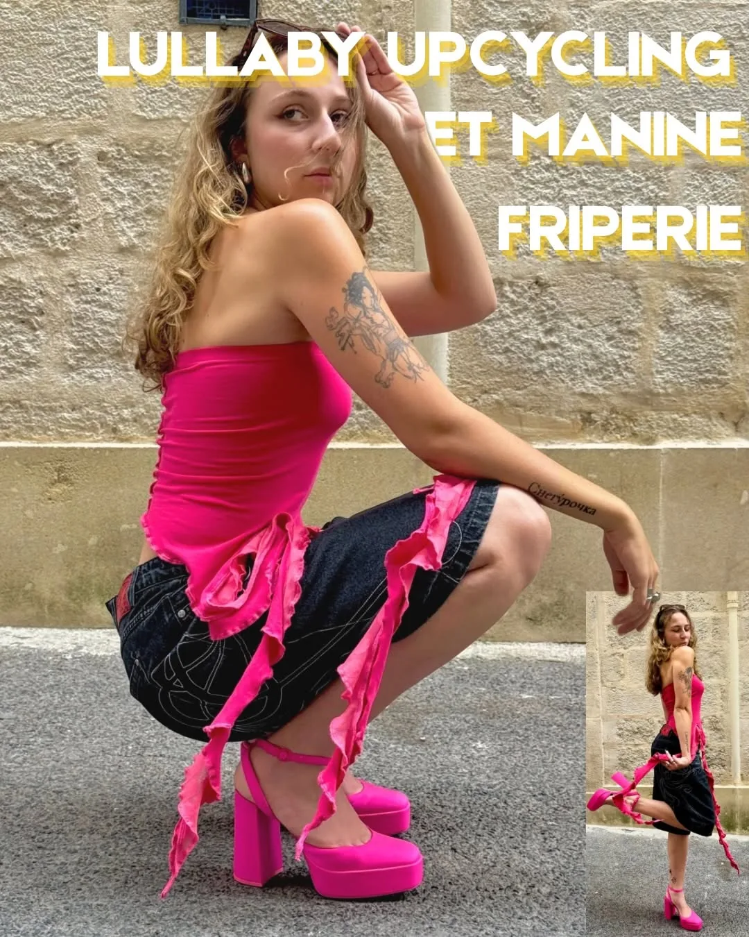 Top Hypnose rose à volants porté dans une rue de Montpellier